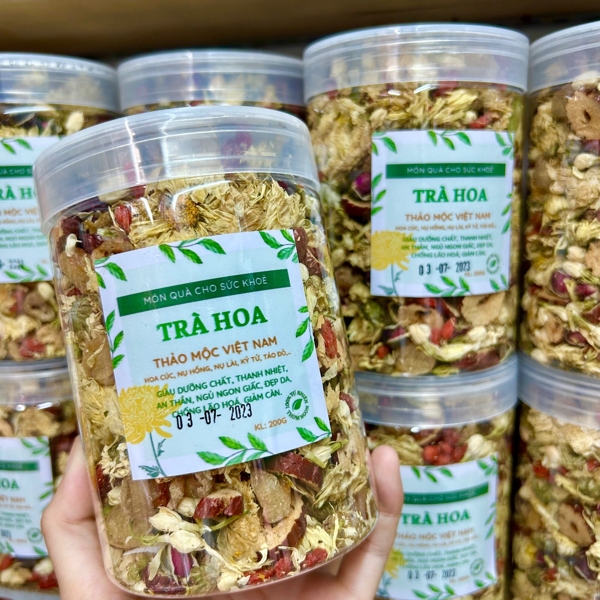 Hủ 200g trà hoa dưỡng nhan 6 vị hoa cúc, nụ hồng, nụ lài, táo đỏ - hủ 200g uống 20 lần
