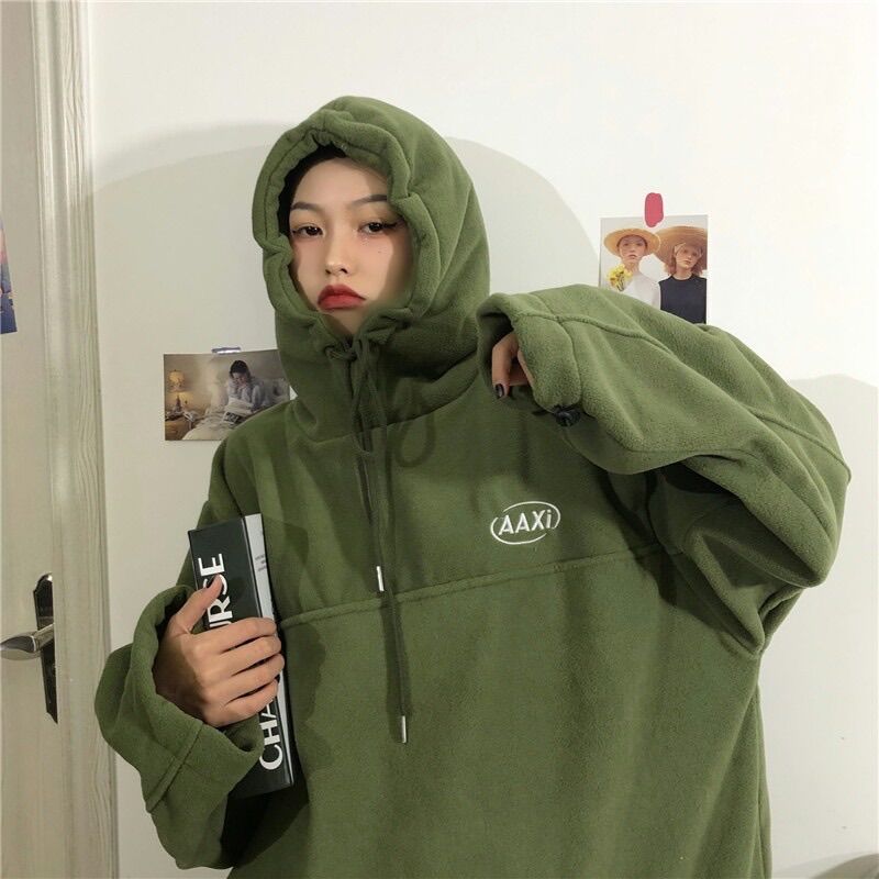 Áo hoodie lông cừu màu xanh lá