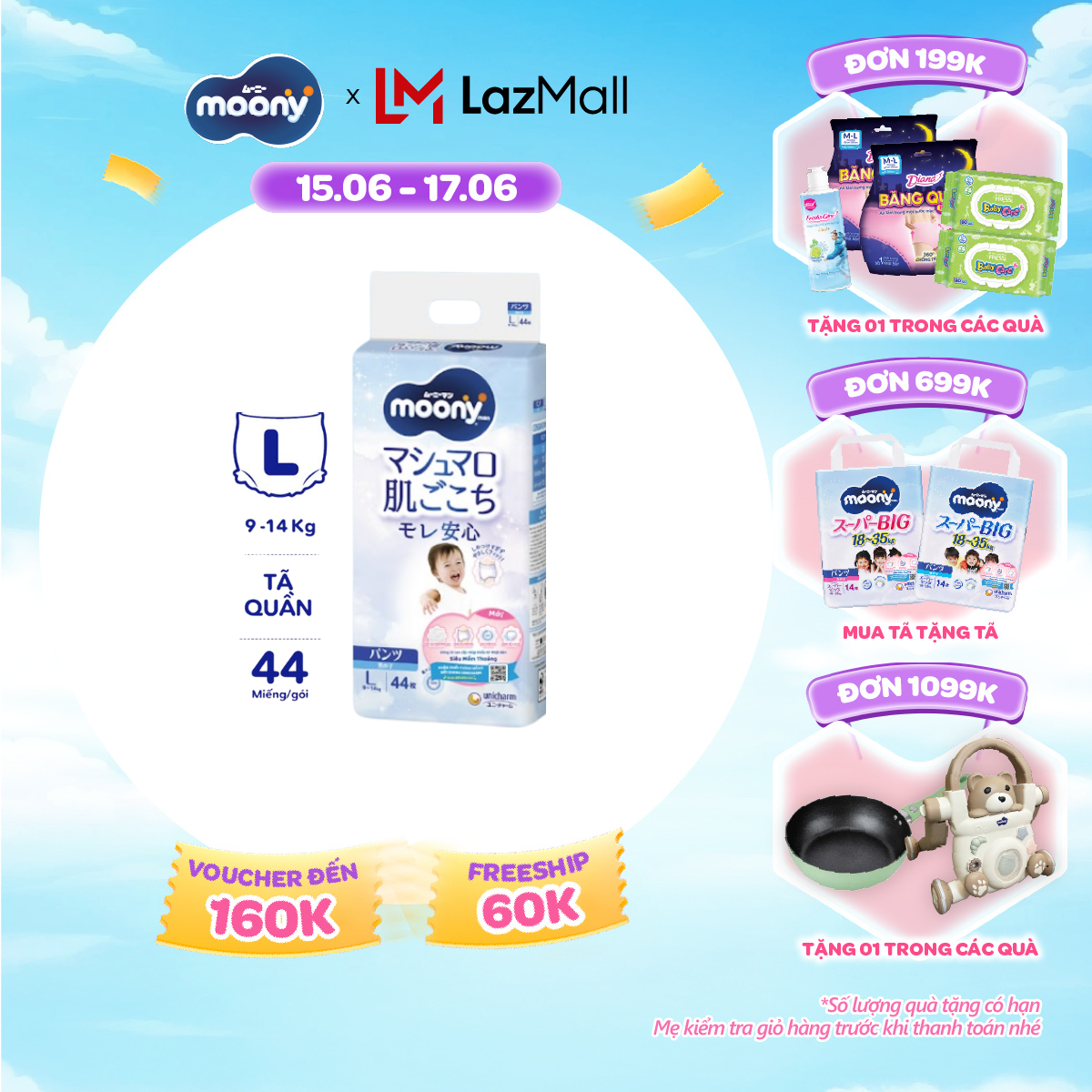 [SALE GIỮA THÁNG tặng QUÀ TO-SLCH] Tã quần cao cấp Moony Bé Trai L44 miếng - Nhập khẩu từ Nhật Bản