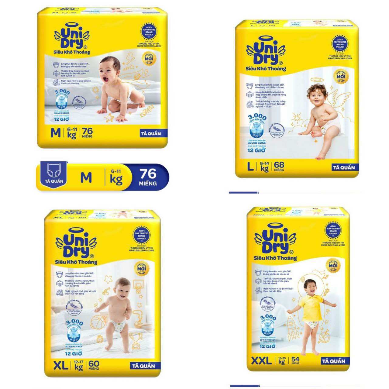 Tã Quần UniDry Gói Siêu Đại M76/L68/XL60/XXL54