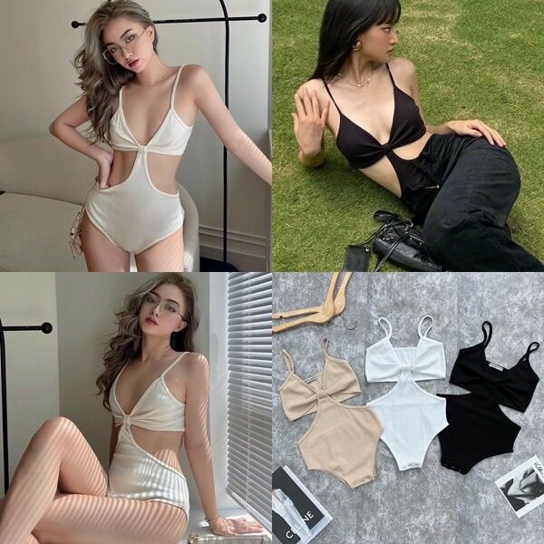 Bodysuit hai dây khoét eo tôn dáng áo jumpsuit nơ ngực