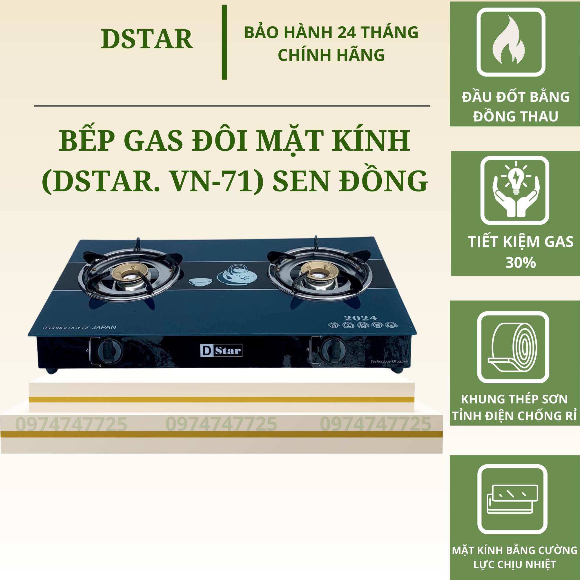 Bếp gas đôi mặt kính dương vinlando vn71k tiết kiệm gas