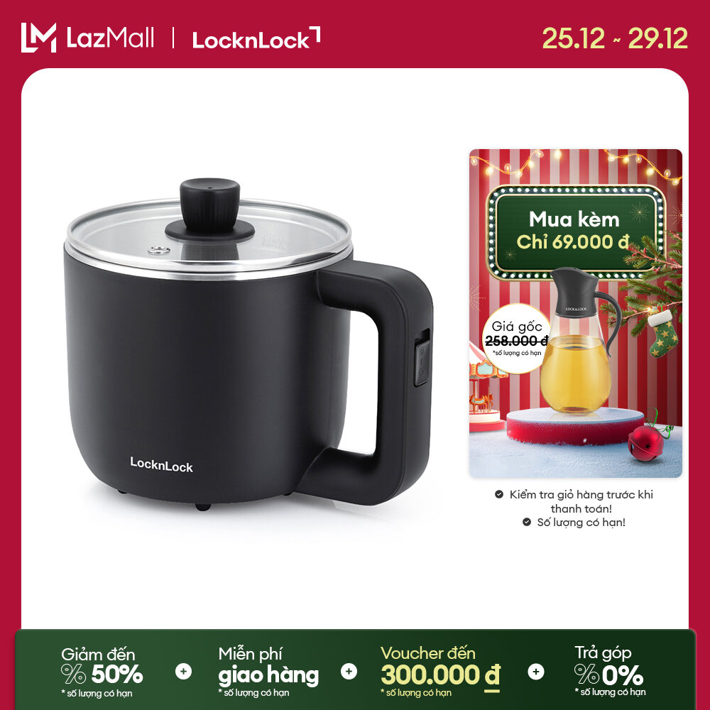  EJP116BLK - Nồi điện mini đa năng Lock&Lock 0.8L   600W - Lòng nồi inox kèm nắp Ca nấu mì kèm khay luộc trứng- Hàng chính hãng - Bảo hành 