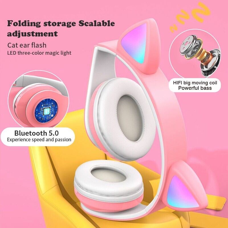 Tai Nghe Mèo Chụp Tai Không Dây Bluetooth Dễ Thương Kute Có Mic Đàm Thoại,Âm Bass Mạnh Mẽ Pin Trâu Có Thể Gấp Gọn