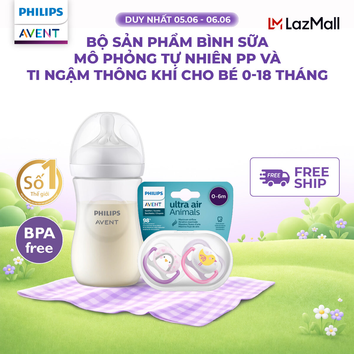 Bộ sản phẩm bình sữa mô phỏng tự nhiên PP và ti ngậm thông khí Philips Avent cho bé 0-18 tháng