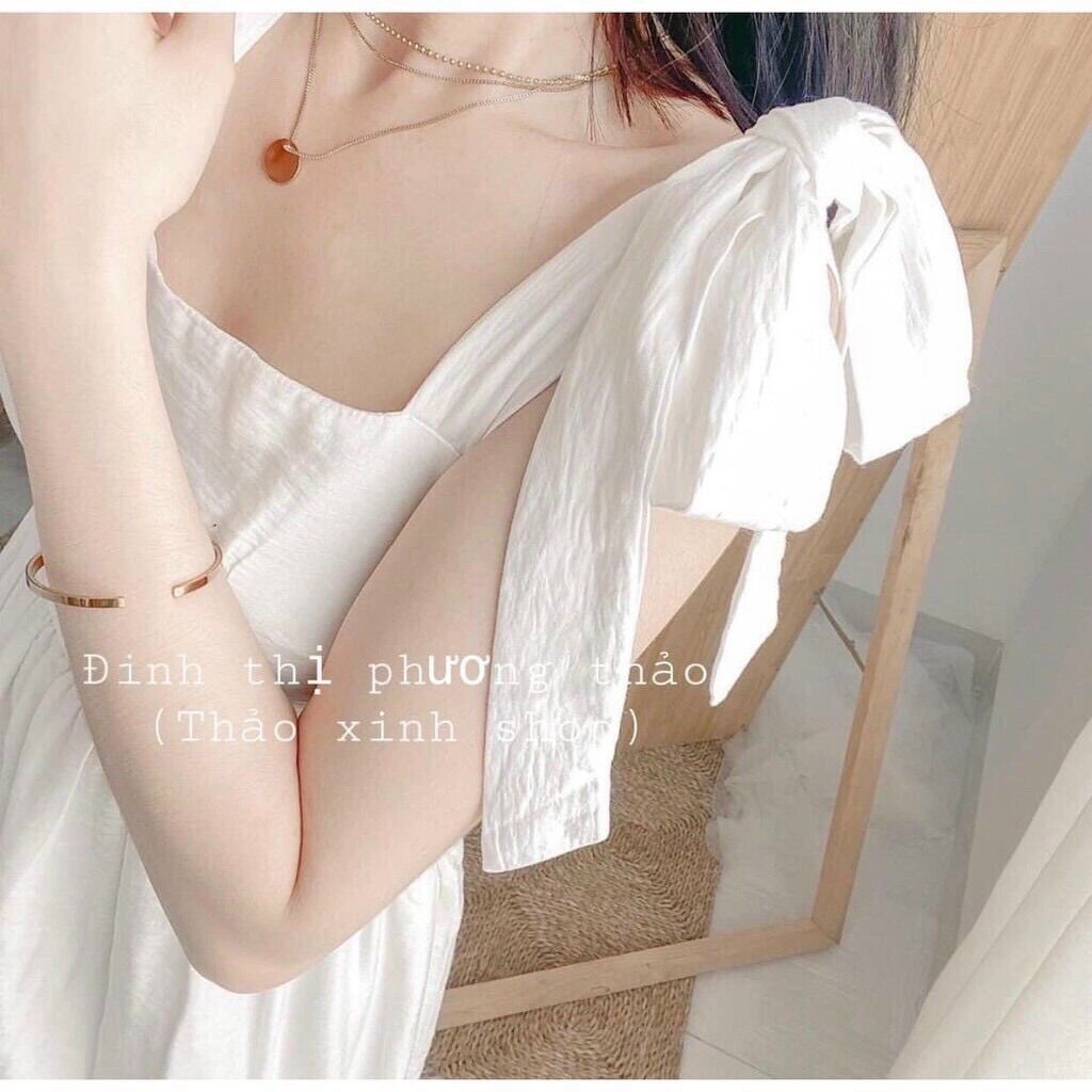 Đầm hai dây cột nơ vai chất đũi đẹp from dưới 50kg