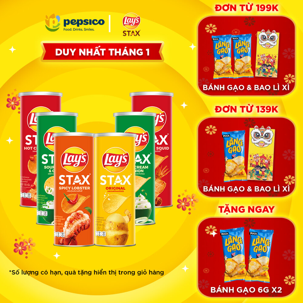 Combo 6 Lays Stax 100gr (Tự nhiên Tôm hùm nướng ngũ vị 2 Kem chua hành 2 Mực sốt cay)