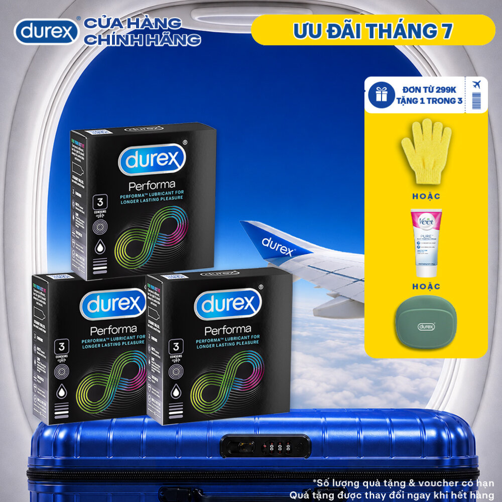 Bộ 3 hộp bao cao su Durex Performa kéo dài thời gian, size 52mm, 3 bao/hộp