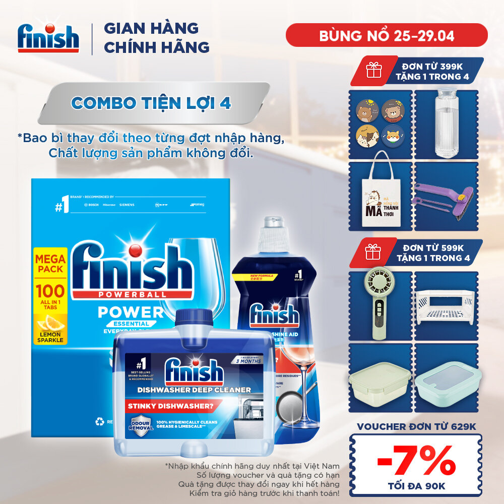 Combo Finish tiện lợi 4: Hộp 100 Viên Rửa Bát Finish Essential+ Nước Làm Bóng 500ml+ Dung Dịch Vệ Sinh Máy 250ml