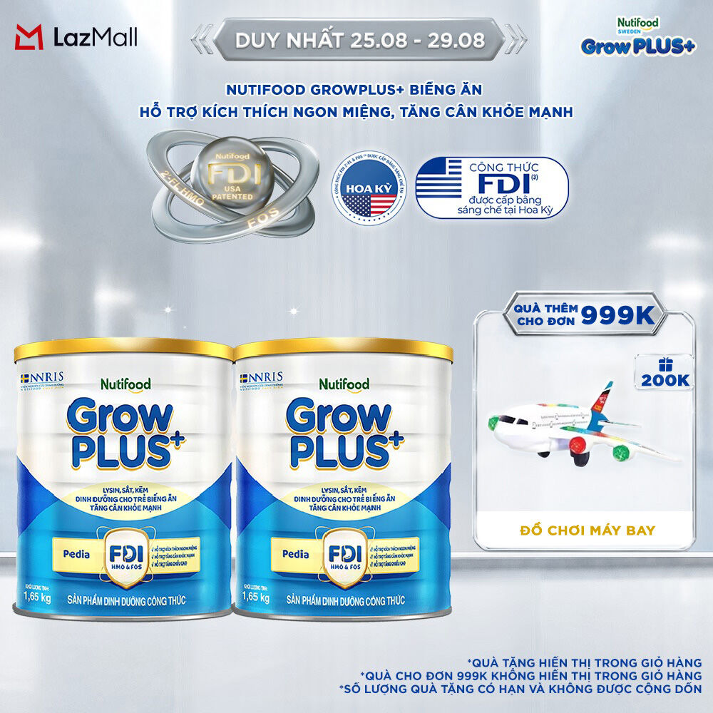 Combo 2 Sữa Bột Nutifood GrowPLUS+ Biếng Ăn (Xanh) - Hỗ Trợ Kích Thích Ngon Miệng, Tăng Cân Khỏe Mạnh (2 Lon 1,65 Kg)