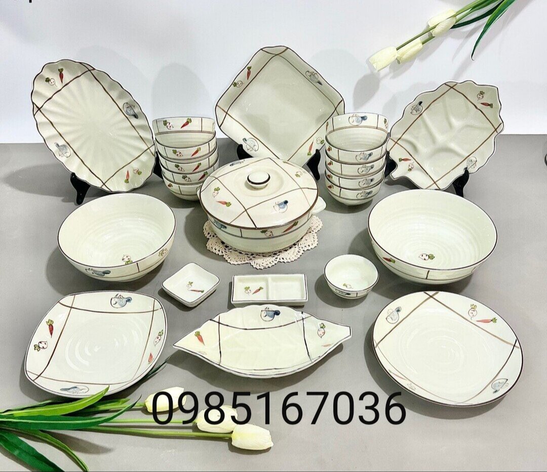 Bộ bát đĩa vẽ củ quả,hàng gốm sứ Bát Tràng.