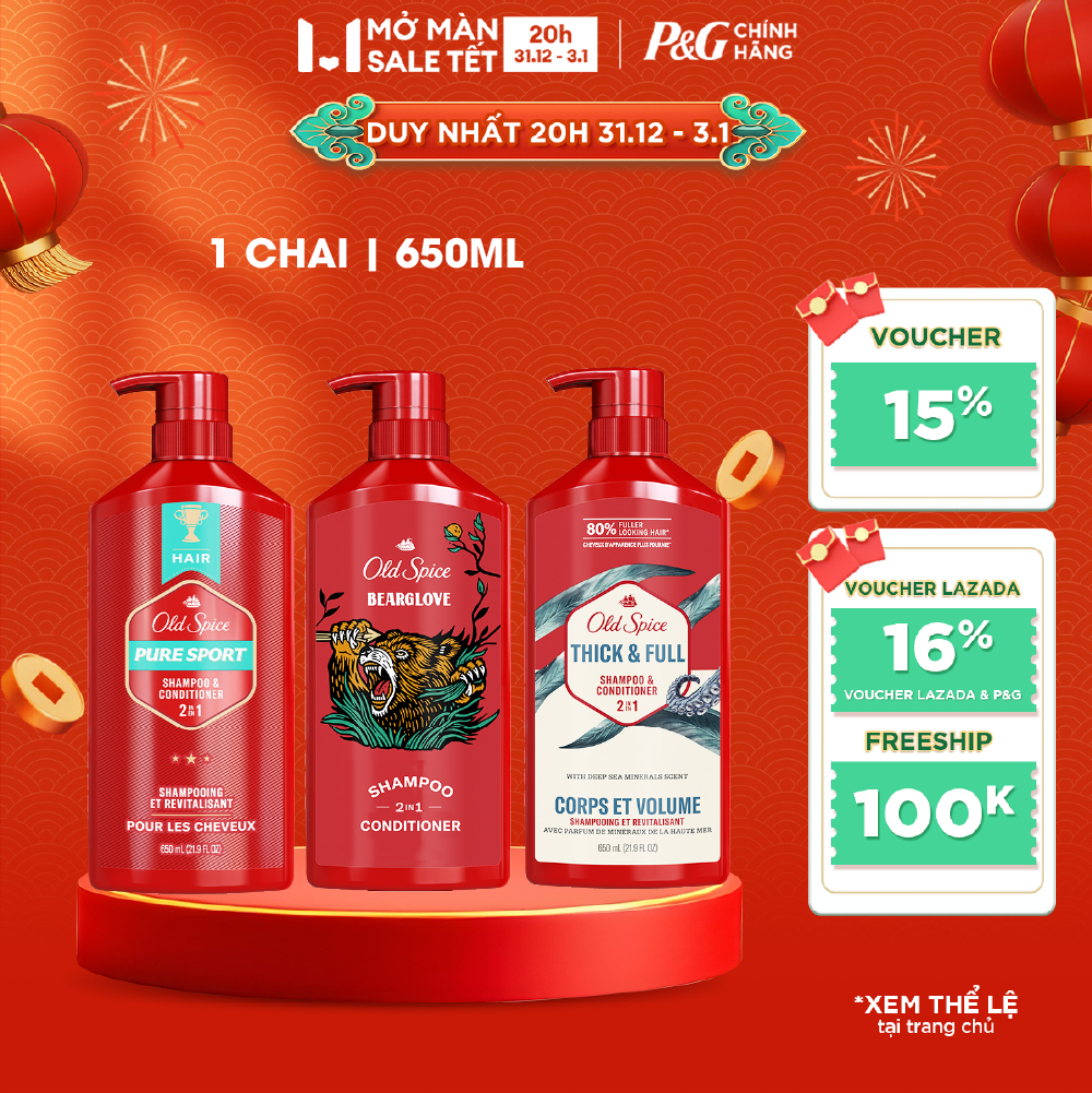  Dầu Gội Xả OLD SPICE Nhập Khẩu Mỹ 2IN1 Hương Nước Hoa Cho Nam Thick & Full  Pure Sport  Bearglove Chai 650ML 