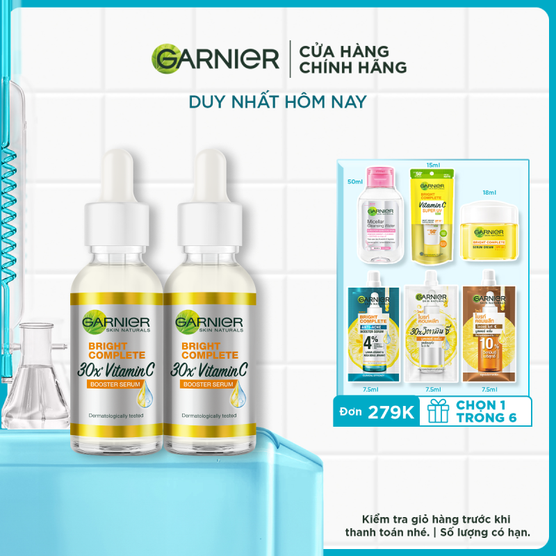 Bộ 2 tinh chất serum sáng da, giảm thâm mụn Vitamin C chiết xuất Yuzu tự nhiên - Garnier Bright Complete 30x Booster Serum 30ml