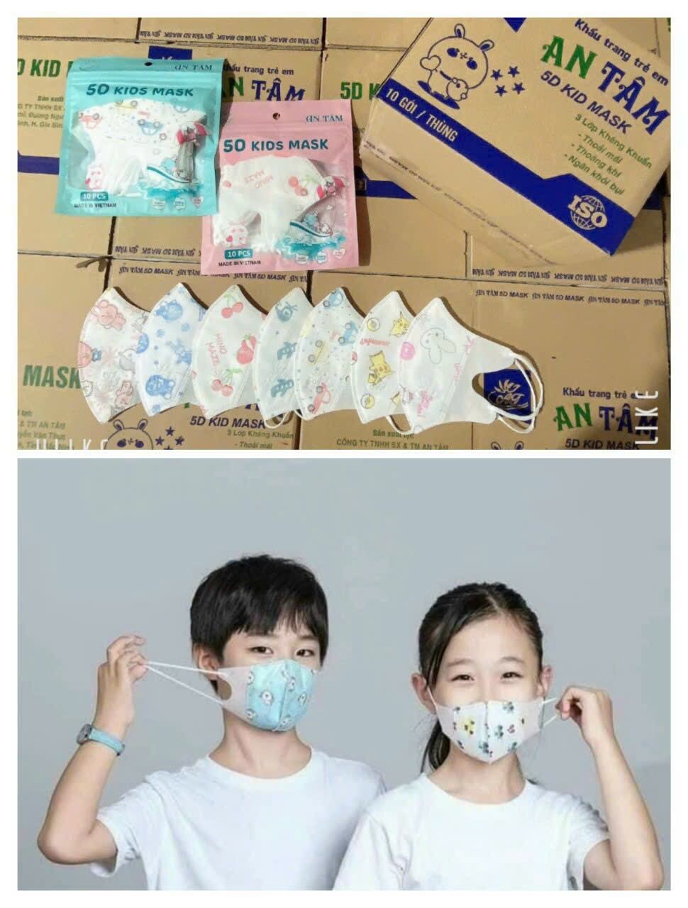 Khẩu trang 5d cho bé từ 3.9 tuổi combo 100 cái 3 lớp