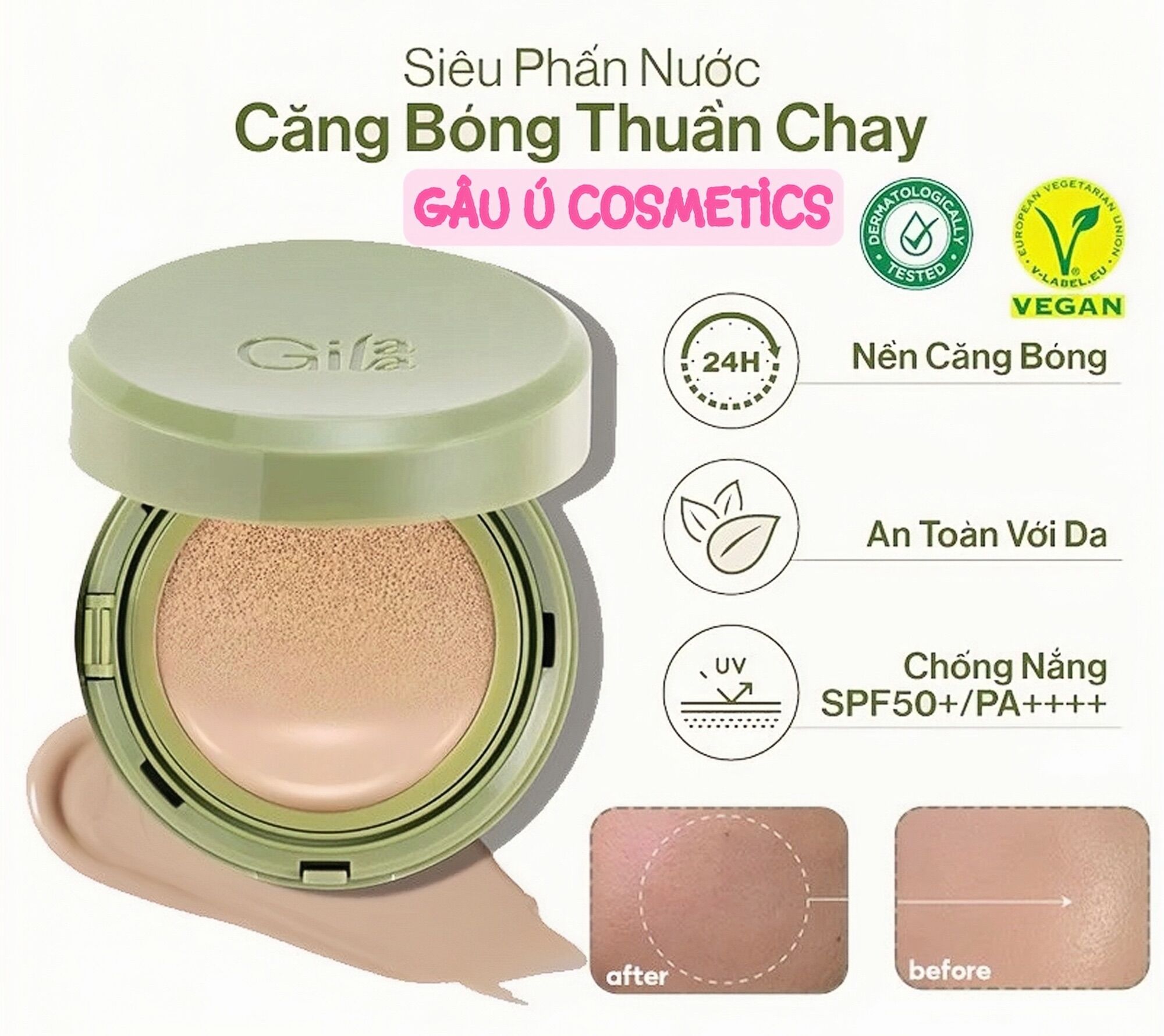 Phấn Nước Dưỡng Ẩm Cho Lớp Nền Căng Bóng Gilaa Vegan Super Glow Cushion