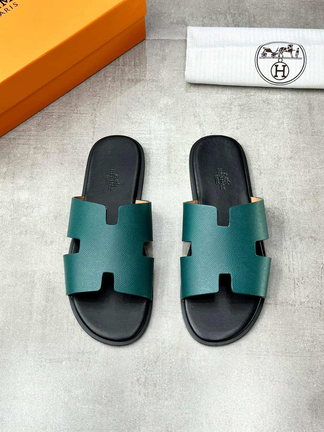 🔥HOT🎊 Dép lê nam ℍ𝕖𝕣𝕞𝕖𝕤 xanh rêu da sần fullbox