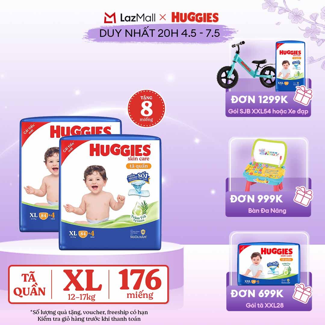 [CHỈ 20h 04-07.05 GIẢM THÊM 90K]  Combo 2 Gói Tã/bỉm quần HUGGIES SKINCARE MEGA JUMBO size XL84+4 miếng
