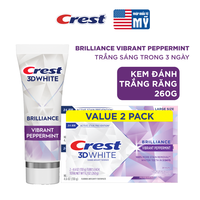 Kem đánh răng Crest 3D White Brilliance Trắng Sáng Vượt Trội hương Blast/ Charcoal Mint/ Peppermint Tuýp 130g/ 260g - Mỹ