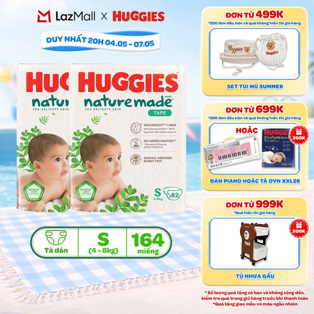 Combo 2 Tã/Bỉm dán sơ sinh Huggies NatureMade S82 (4-8kg)-Gói Super Jumbo 82 miếng