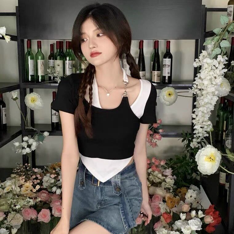 Áo kiểu phối dây 2 lớp phối màu
