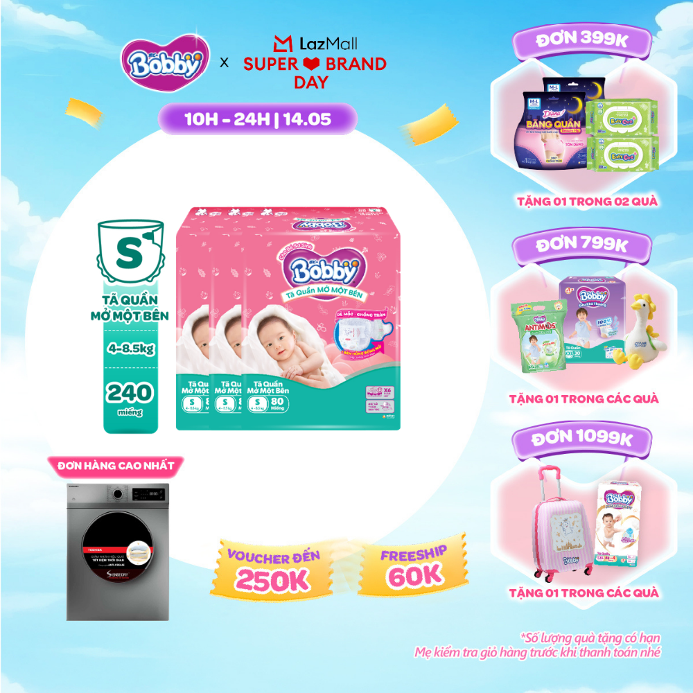 [SALE GIỮA THÁNG tặng QUÀ TO-SLCH][MỚI][TẶNG MIẾNG] Combo 3 gói tã quần mở một bên Bobby dành cho bé sơ sinh size S80