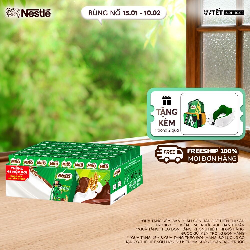 [ƯU ĐÃI THÁNG 2] FREESHIP TOÀN QUỐC] Thùng 48 Hộp Sữa lúa mạch không màng co Nestlé® MILO® 180ml