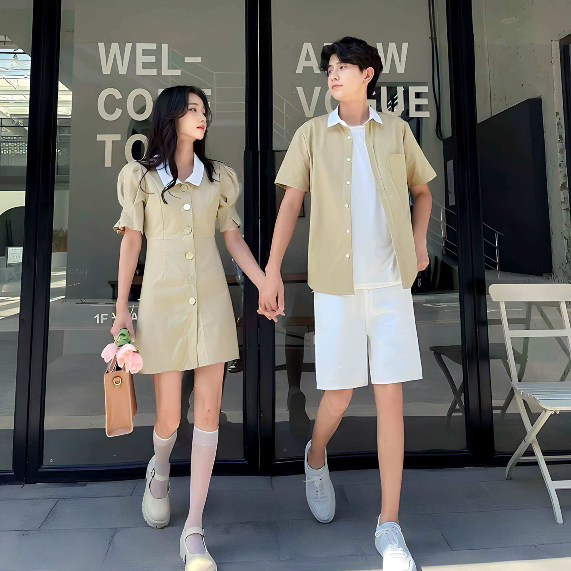 Set đồ đôi dáng xuông phối cổ trăắng