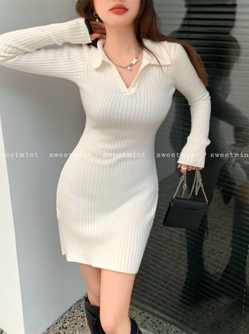 Đầm body gân tăm trơn cổ bẻ BDT1