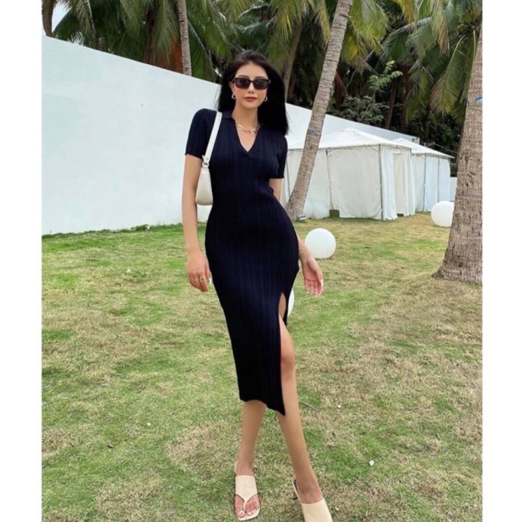 Đầm xẻ tà , cổ sơ mi ôm body dày dặn tôn dáng