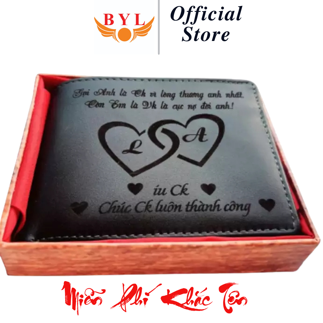 Ví Nam/Ví Nam Da Bò Khắc Hình/Ví khắc tên BYL/Ví nam/Ví ngang/Ví khắc tên