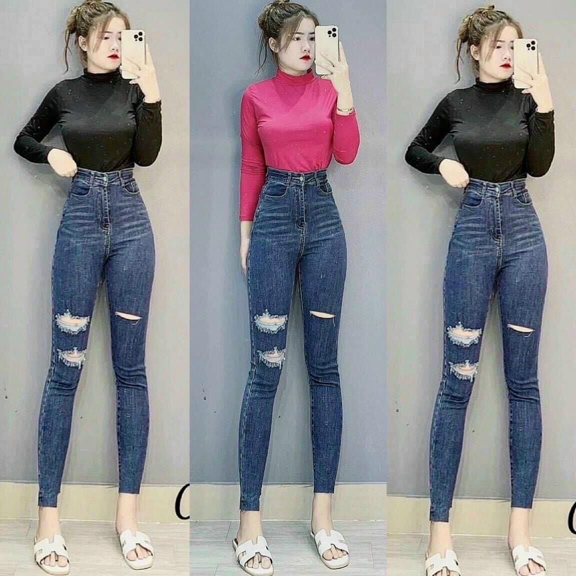 Quần jean ôm lưng cạp siêu cao rách hình thật