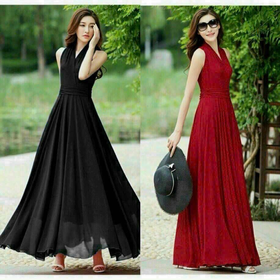 Đầm maxi cổ V sát nách đai eo xếp li