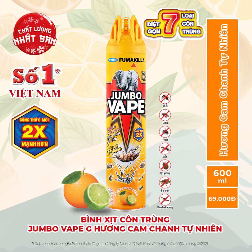 Xịt côn trùng Jumbo Vape nắp vàng 300-600ml