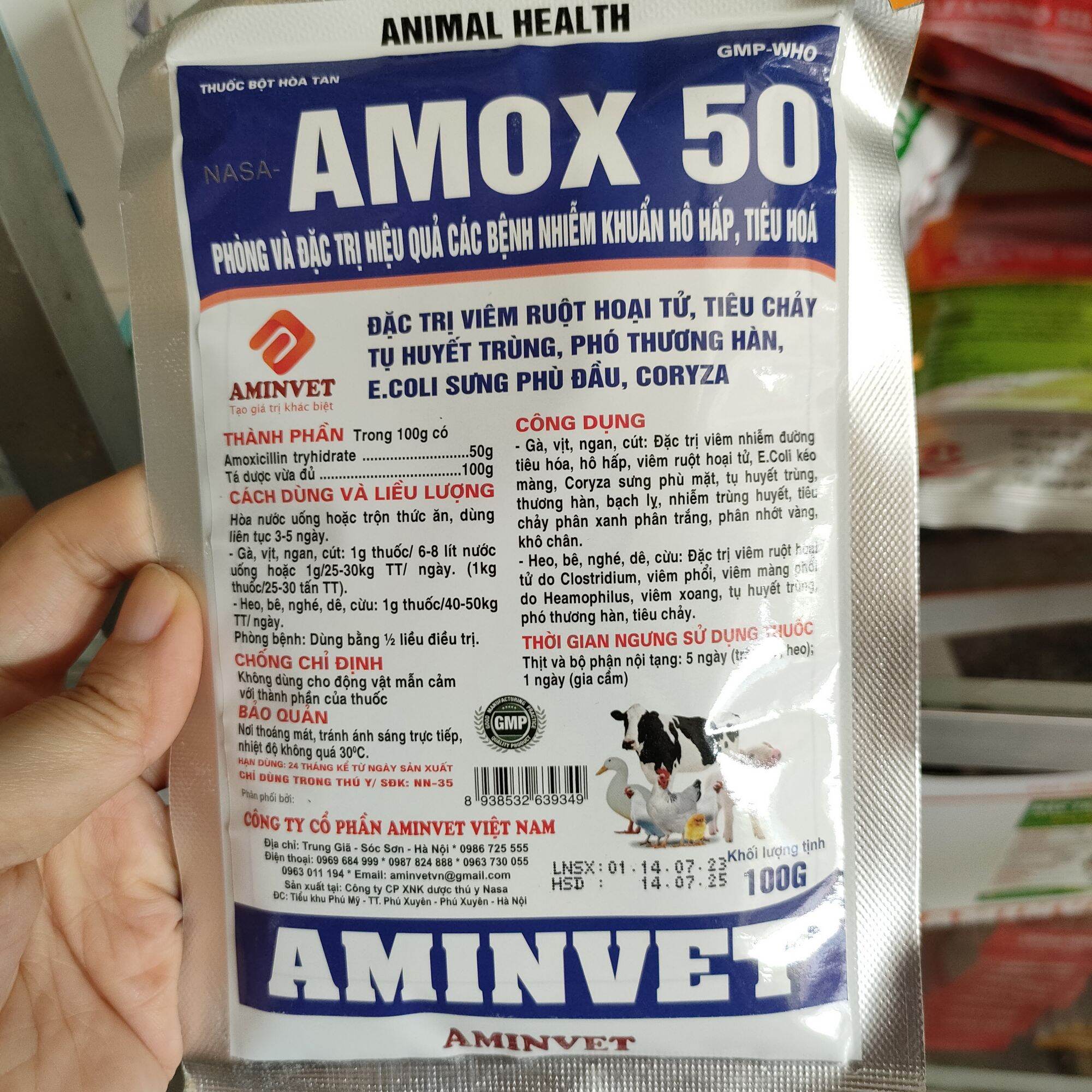 Amox 50% 100g dùng cho vật nuôi bị tiêu chảy, tụ huyết trùng, toi, viêm ruột hoại tử