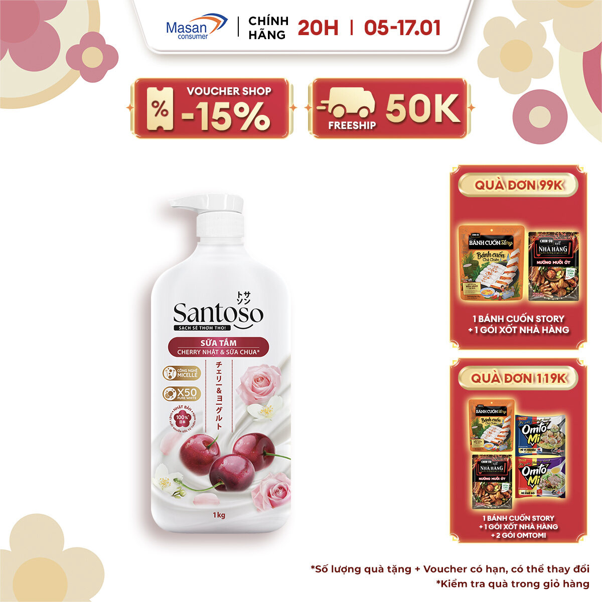 [VOUCHER 18% ĐƠN 199K]  Sữa tắm Santoso cherry & sữa chua hương say mê chai x 1kg