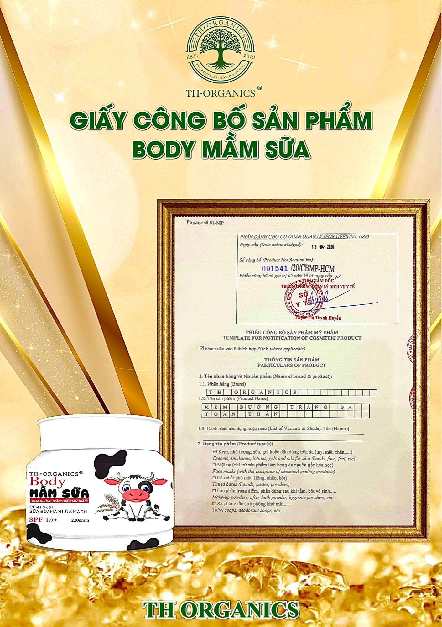 Kem trắng da Body Mầm Sữa TH ORGANICS 220gr
