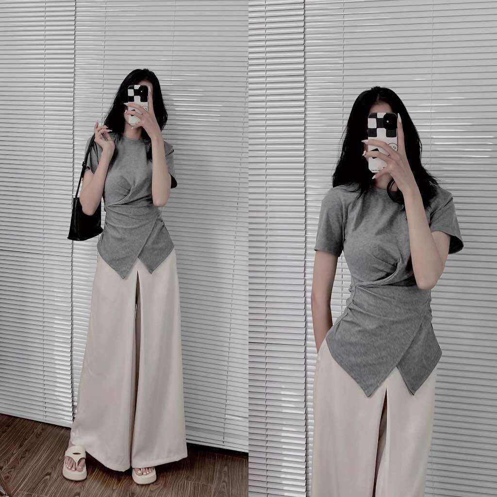 Áo thun cổ tròn Saly nhún eo đệm vai dáng basic