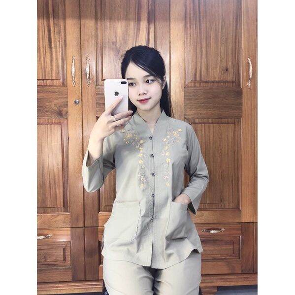 Đồ lam đi chùa mẫu nữ bà lai thêu nhí vải silk loại 1