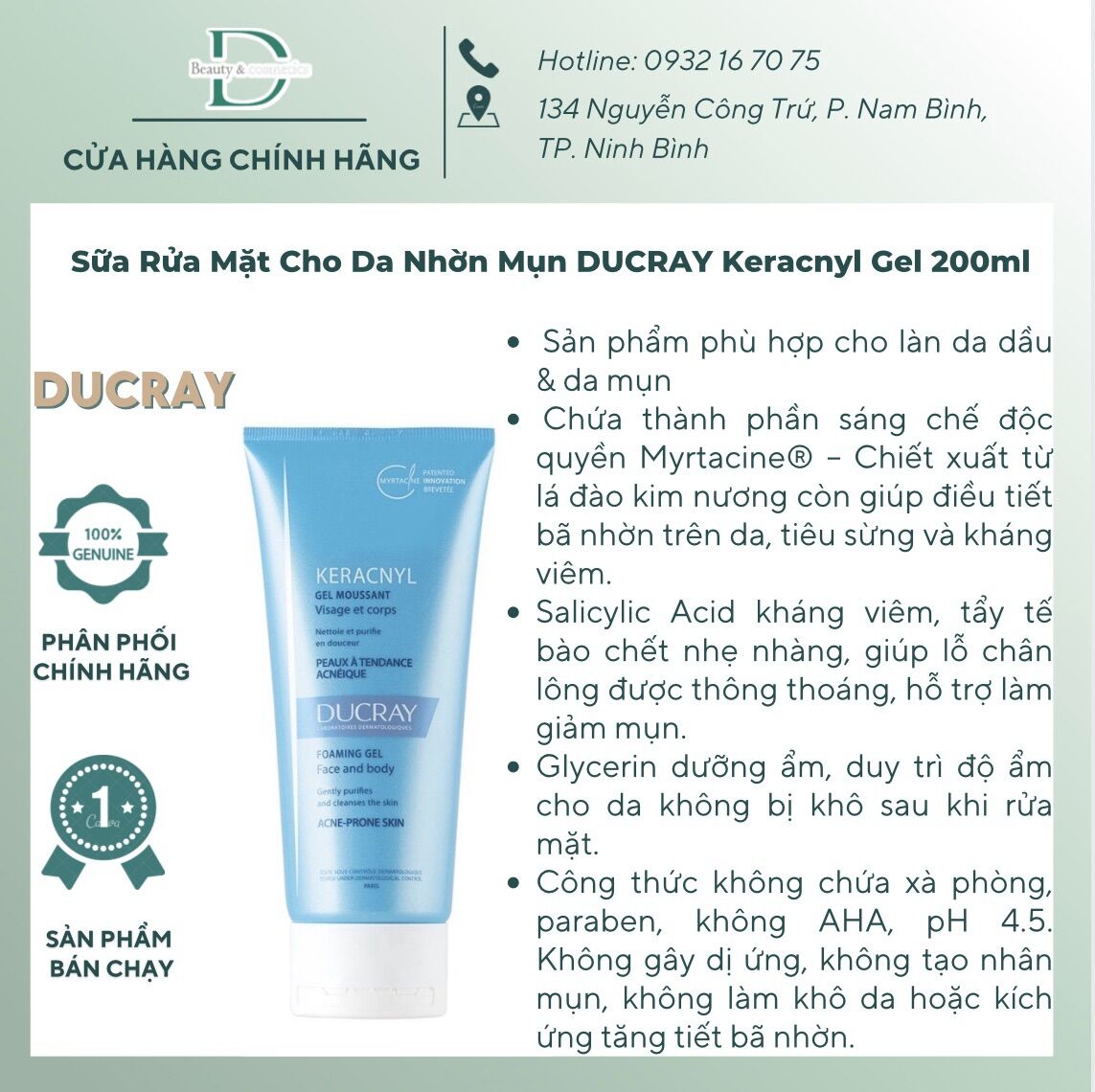 Sữa rửa mặt ducray keracnyl gel moussant 200ml, dạng gel dành cho da nhờn mụn