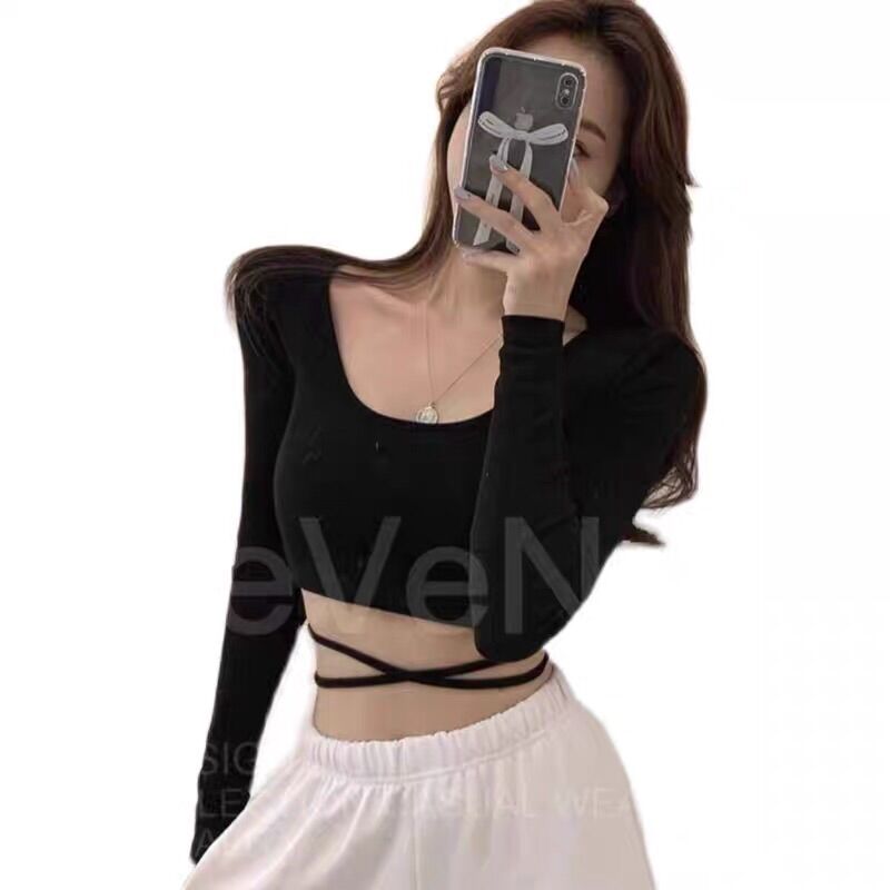 Áo kiểu croptop tay dài cổ U phối dây thắt bụng cá tính