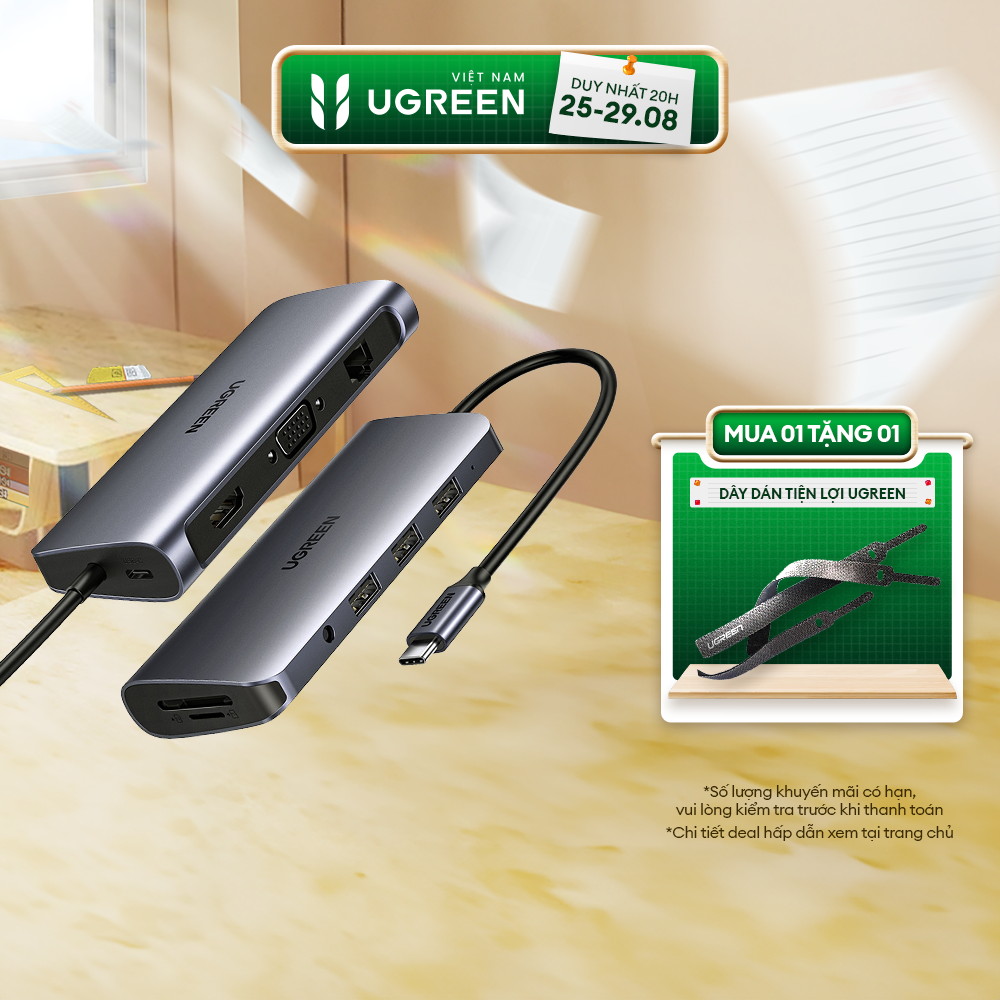 Hub chuyển đổi Type-C - Bộ chuyển đổi Ugreen 10 in 1 | Cổng Audio AUX3.5mm | Ethernet 1000Mbps, tốc độ Internet cực cao | Bảo Hành 18 Tháng | 80133 15601