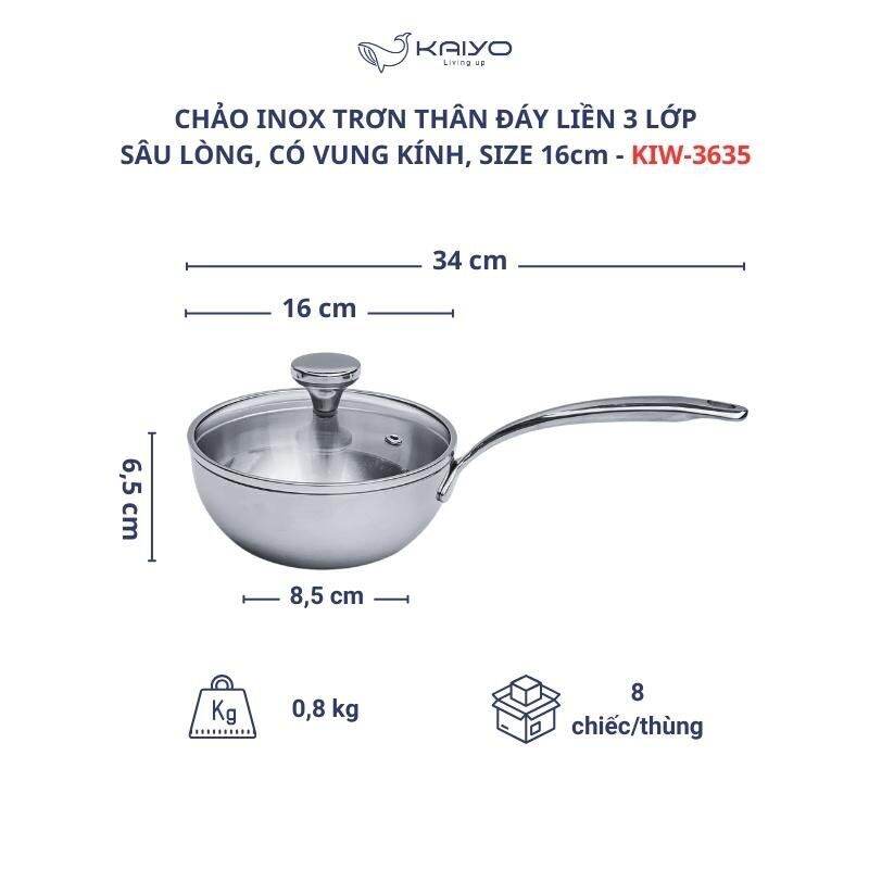 Chảo inox Tri - ply đáy liền Kaiyo kèm vung kính