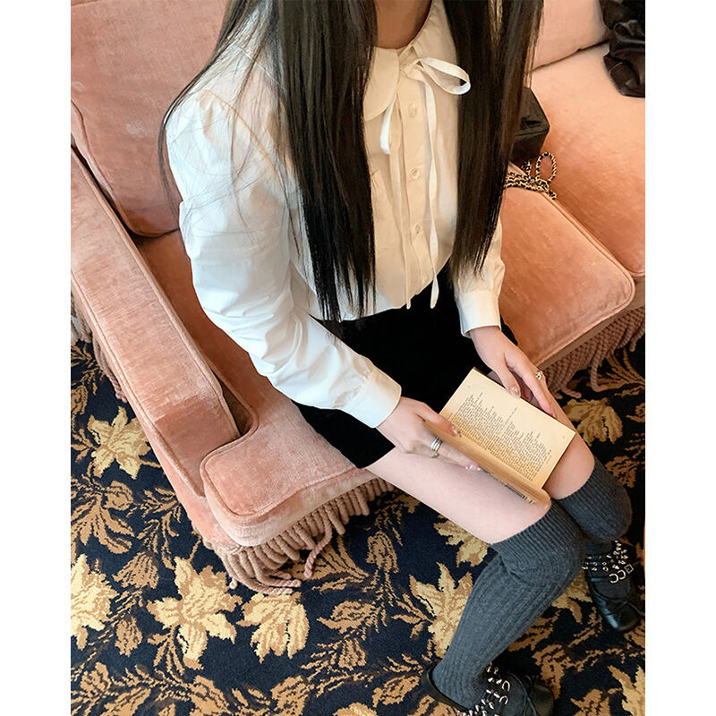 Áo Sơ Mi Trắng Cổ Búp Bê Thắt Nơ Cho Nữ Mùa Xuân Thu Phong Cách Pháp Thắt Eo Áo Sơ Mi Lót Bên Trong 