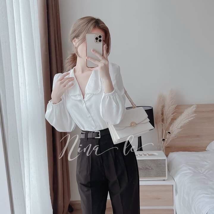 Áo sơ mi lụa tằm chạy dây ngọc