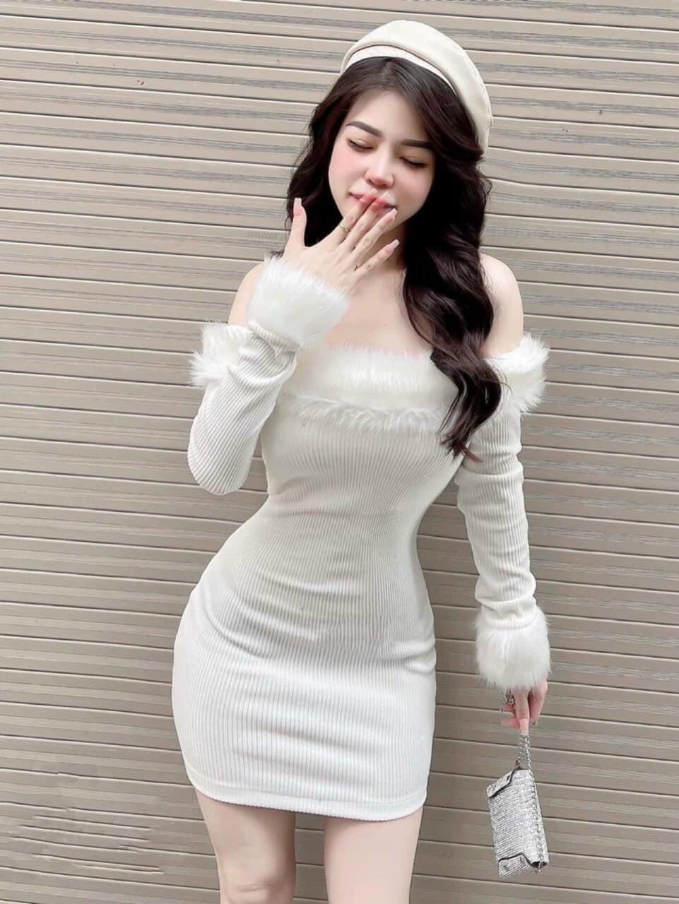 Đầm lông trễ vai