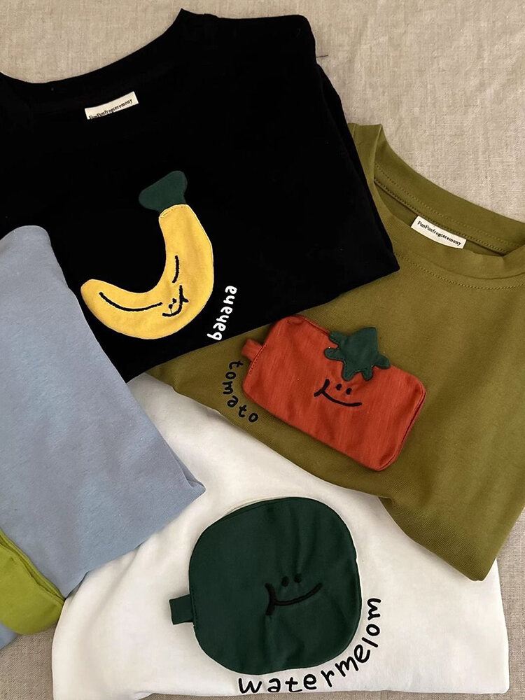 Đáng Yêu Áo Thun Dài Tay Trẻ Em Mùa Xuân 2024 Mùa Thu Họa Tiết Trái Cây Rau Quả Cotton, Vải Bông Quần Lót Áo Dành Cho Bé Trai Và Bé Gái