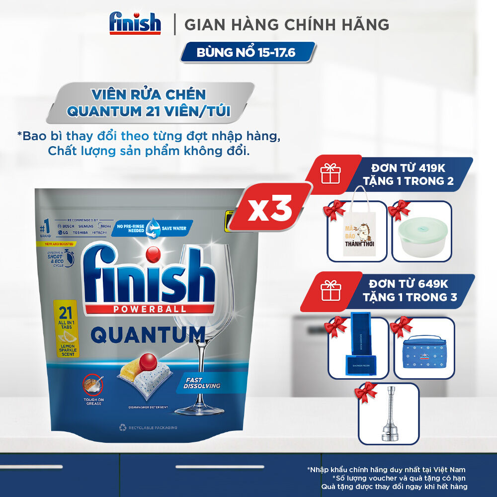 Combo 03 túi Viên Rửa Chén Bát Finish Powerball Quantum 21 viên