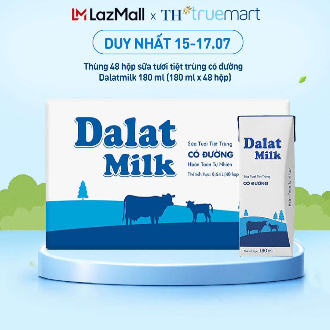 Thùng 48 hộp sữa tươi tiệt trùng  Dalatmilk có đường 180 ml (180 ml x 48)