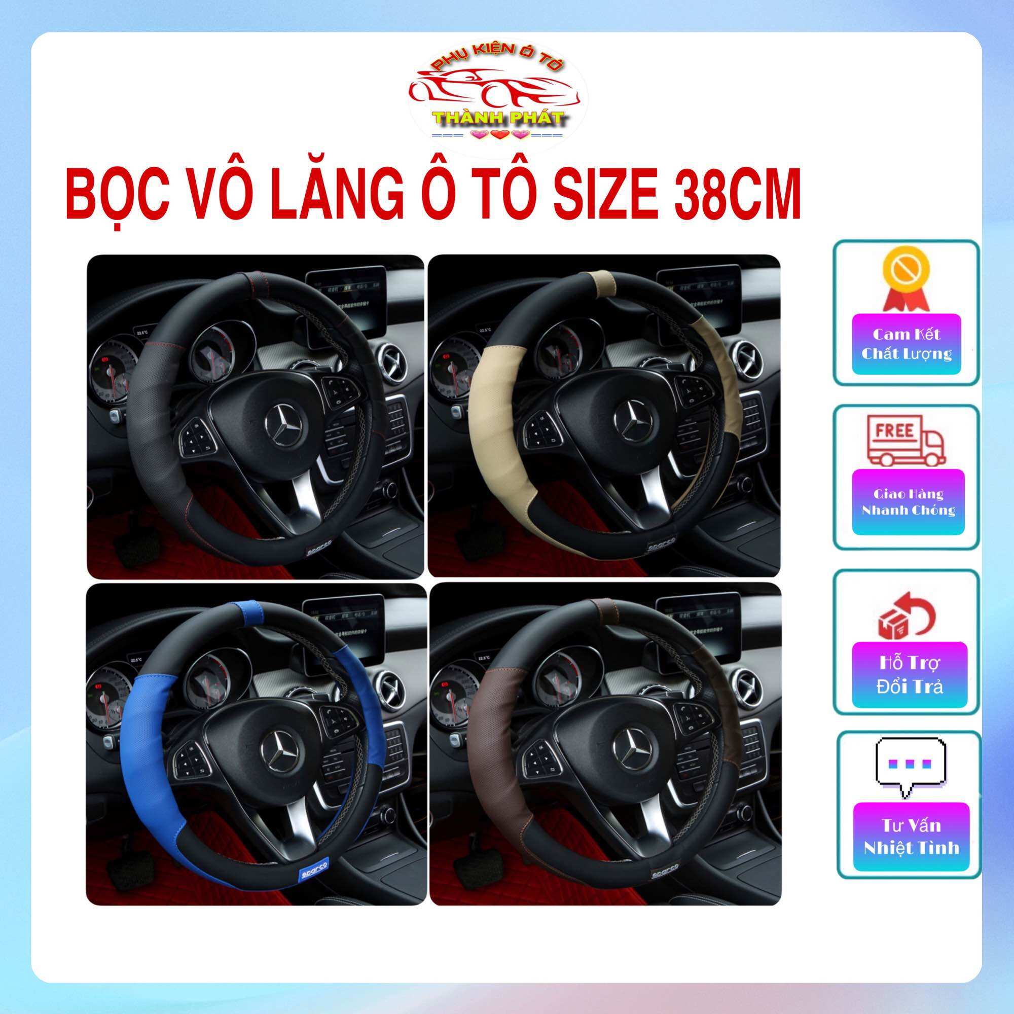 Bọc vô lăng tay lái đường kính 38cm cho ô tô xe hơi 4 chỗ 5 chỗ 7 chỗ - Bọc vô lăng da PU cao su cao cấp Sparco