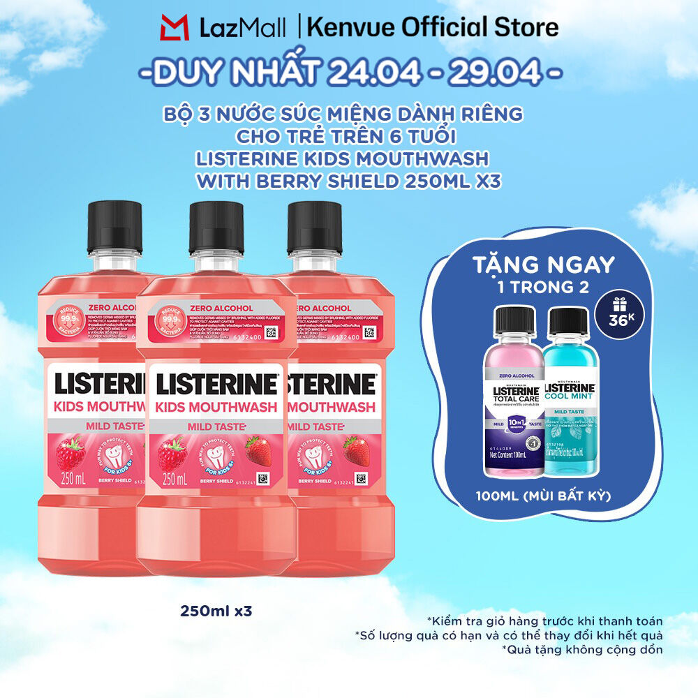 Bộ 3 chai Nước Súc Miệng Listerine Kids Mouthwash with berry shield Dành Riêng Cho Trẻ Trên 6 Tuổi 250ml/chai